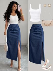 Elenzga Women's Pleated Side Slit Hem Casual Denim Skirt - Blue - View 2
