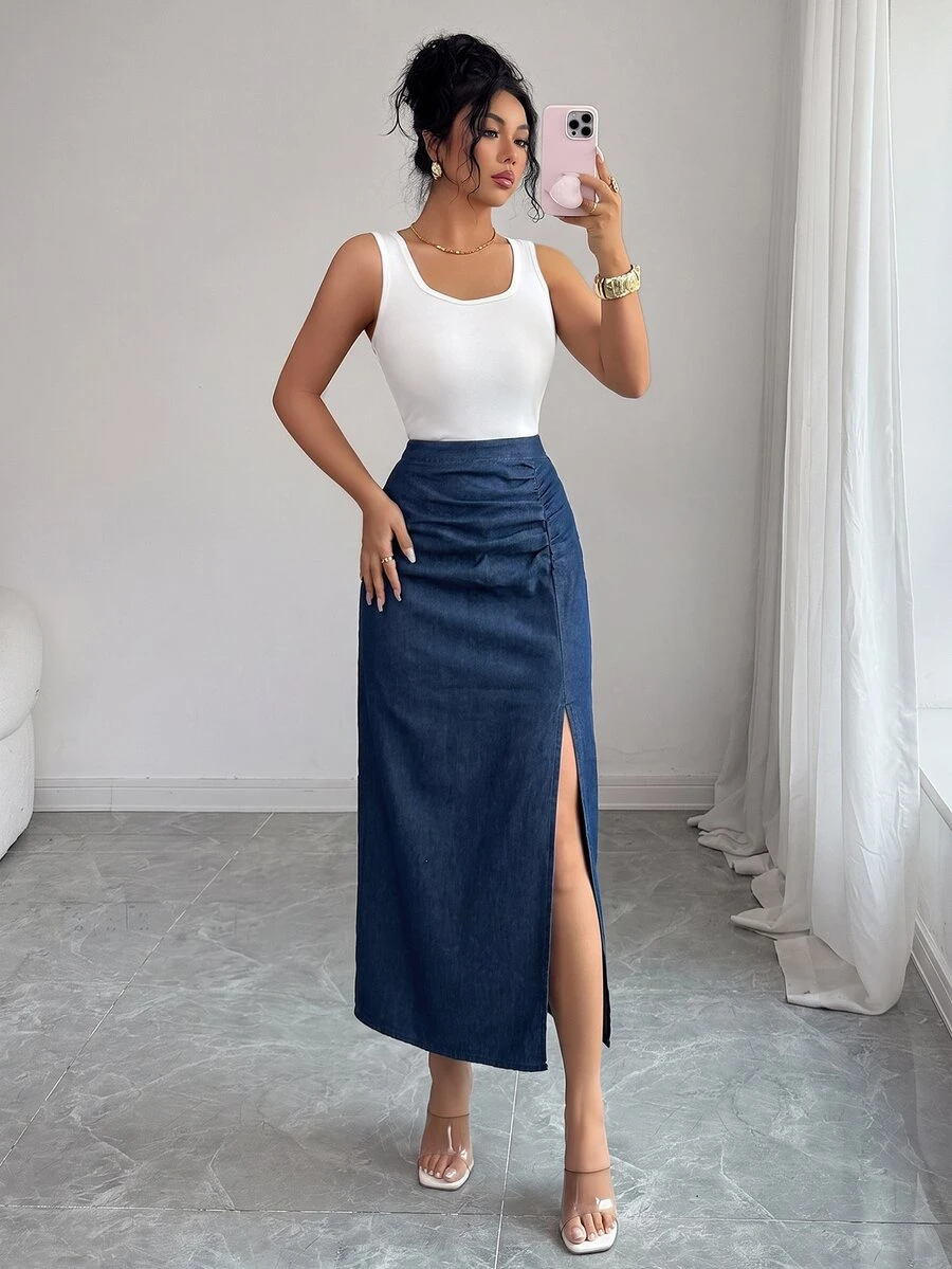 Elenzga Women's Pleated Side Slit Hem Casual Denim Skirt - Blue - View 1