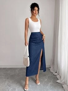 Elenzga Women's Pleated Side Slit Hem Casual Denim Skirt - Blue - View 8