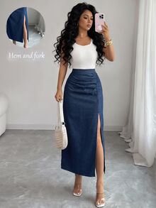 Elenzga Women's Pleated Side Slit Hem Casual Denim Skirt - Blue - View 6