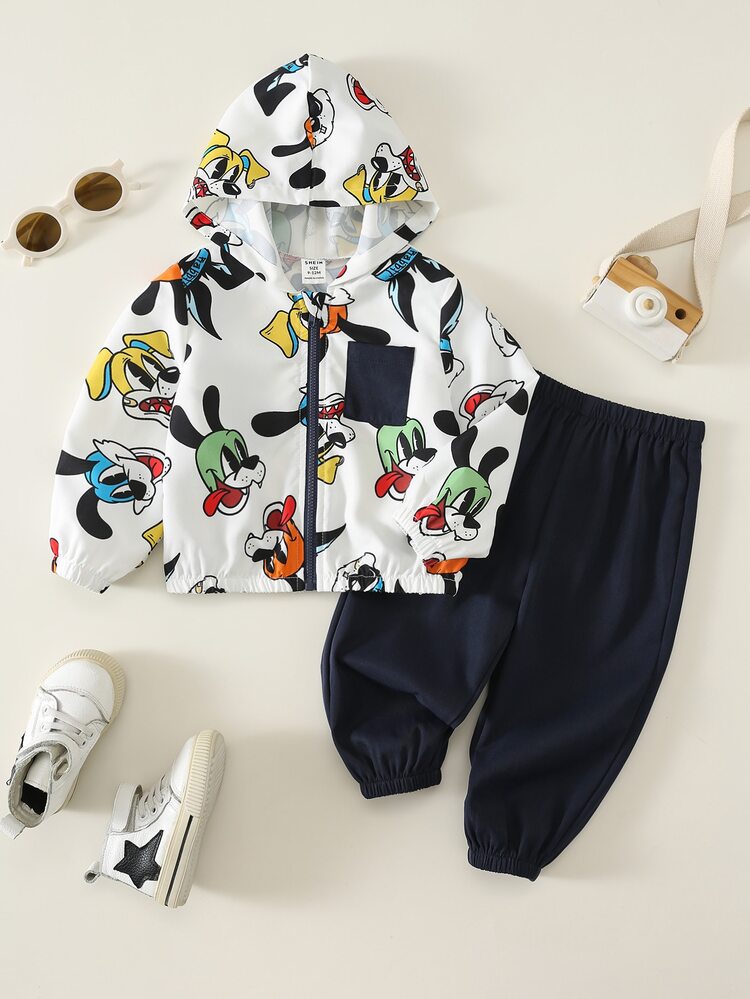 SHEIN Unisex Baby Boy/Girl, Toddler 2pcs Autumn/Winter Casual Cute Animal Print Hooded Jacket Set, Baby Winter Clothes/Outfit Set, Streetwear - Navy Blue - View 3