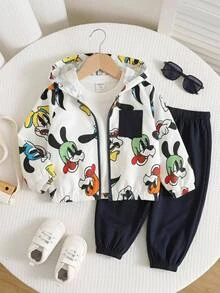 SHEIN 男女嬰兒/幼兒 2件組秋冬休閒可愛動物印花連帽外套套裝，嬰兒冬季服飾/套裝，街頭風 - 藏蓝色 - 查看 1