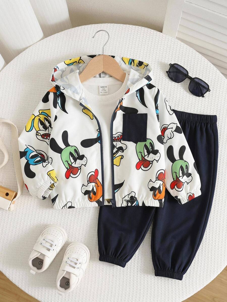 SHEIN 男女嬰兒/幼兒 2件組秋冬休閒可愛動物印花連帽外套套裝,嬰兒冬季服飾/套裝,街頭風 - 藏蓝色 - 查看 1