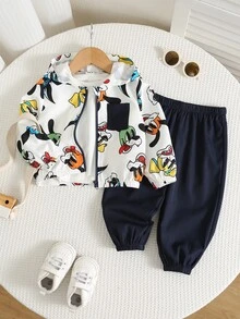 SHEIN 男女嬰兒/幼兒 2件組秋冬休閒可愛動物印花連帽外套套裝，嬰兒冬季服飾/套裝，街頭風 - 藏蓝色 - 查看 8