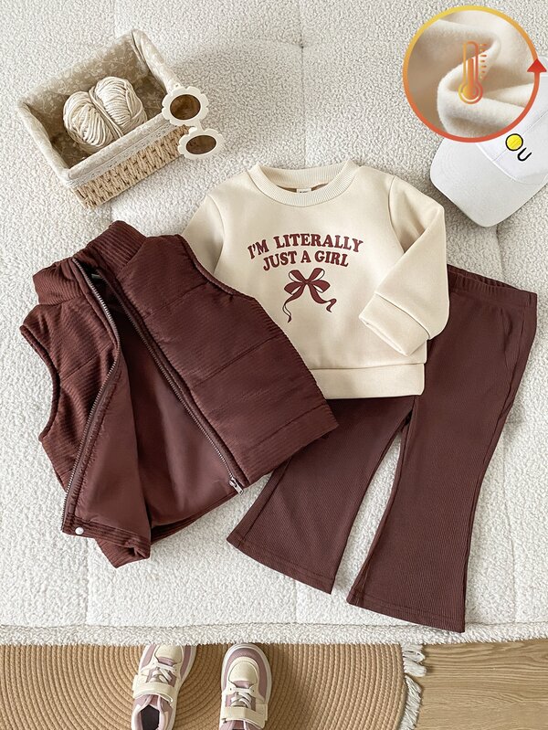 SHEIN Baby Girls' Autumn 3 Pieces Set, Bow Print Corduroy Padded Vest, Sweatshirt And Elastic Waist Long Pants, Soft Earthy Brown Color, Simple And Cute Autumn Outfit, Size 6 Months To 3 Years, Suitable For Parent-Child Matching