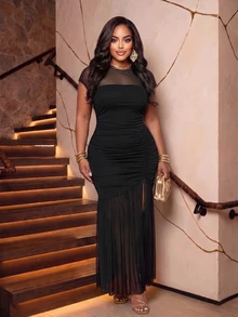 Poshavie Poshavie Plus Size Black Winter Elegant Formal Evening Mesh Ruched Bodycon Maxi Dress For Women,Sheer Knit Patchwork Cocktail Party Gown For Curvy Ladies - Black - View 2
