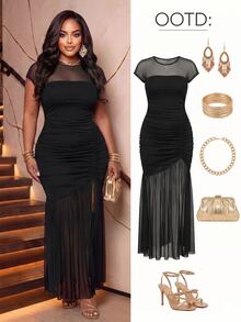 Poshavie Poshavie Plus Size Black Winter Elegant Formal Evening Mesh Ruched Bodycon Maxi Dress For Women,Sheer Knit Patchwork Cocktail Party Gown For Curvy Ladies - Black - View 1