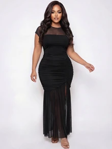 Poshavie Poshavie Plus Size Black Winter Elegant Formal Evening Mesh Ruched Bodycon Maxi Dress For Women,Sheer Knit Patchwork Cocktail Party Gown For Curvy Ladies - Black - View 5