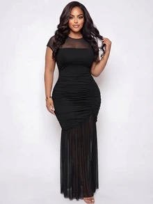 Poshavie Poshavie Plus Size Black Winter Elegant Formal Evening Mesh Ruched Bodycon Maxi Dress For Women,Sheer Knit Patchwork Cocktail Party Gown For Curvy Ladies - Black - View 4