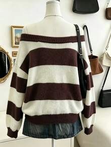 Lalippa Regular Striped Casual Off-Shoulder Loose Long Sleeve Sweater - Brown - View 2