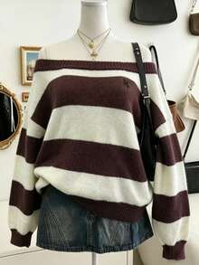 Lalippa Regular Striped Casual Off-Shoulder Loose Long Sleeve Sweater - Brown - View 3