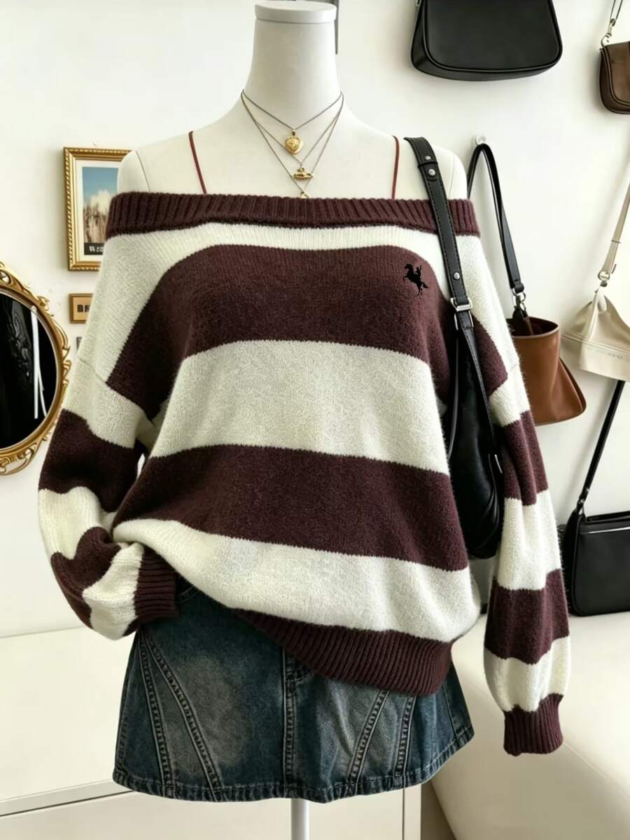 Lalippa Regular Striped Casual Off-Shoulder Loose Long Sleeve Sweater - Brown - View 1