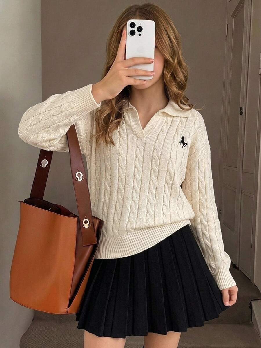 Kids Tween Girls Round Neck Sweater And Solid Black Pleated Skirt 2 Pieces Set - Black and White - View 1