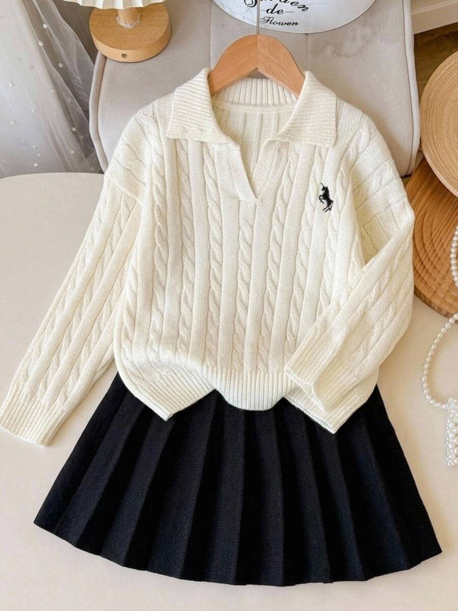 Tween Girls Round Neck Sweater And Solid Black Pleated Skirt 2 Pieces Set - Black and White - View 1