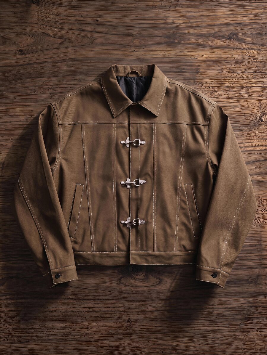 SWAVVY Men's Street Fashion Long Sleeve Jacket With Airplane Buckle - Brown - View 1
