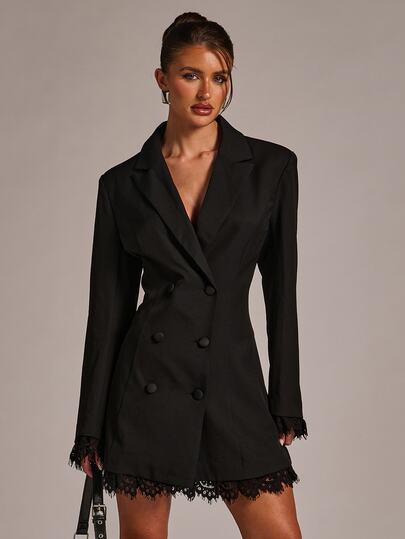 SHEIN BAE Women Black Double Breasted Blazer Dress With Lace Trim Hem, Notch Lapel Long Sleeve Mini Dress, Elegant Sexy For Party & Night Out