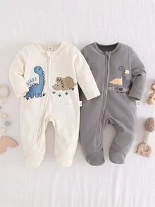 SHEIN Newborn Baby Dinosaur Print Zipper Long Sleeve Jumpsuit - Beige - View 4