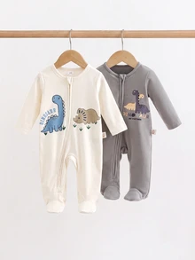 SHEIN Newborn Baby Dinosaur Print Zipper Long Sleeve Jumpsuit - Beige - View 5
