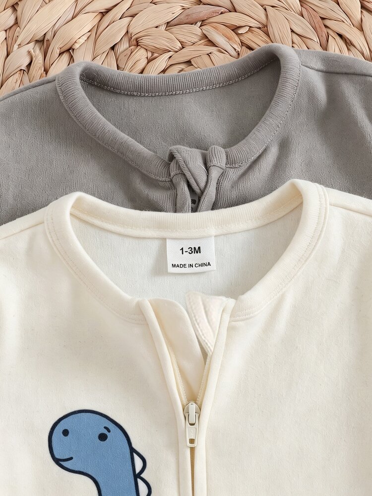 SHEIN Newborn Baby Dinosaur Print Zipper Long Sleeve Jumpsuit - Beige - View 6