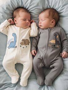 SHEIN Newborn Baby Dinosaur Print Zipper Long Sleeve Jumpsuit - Beige - View 1