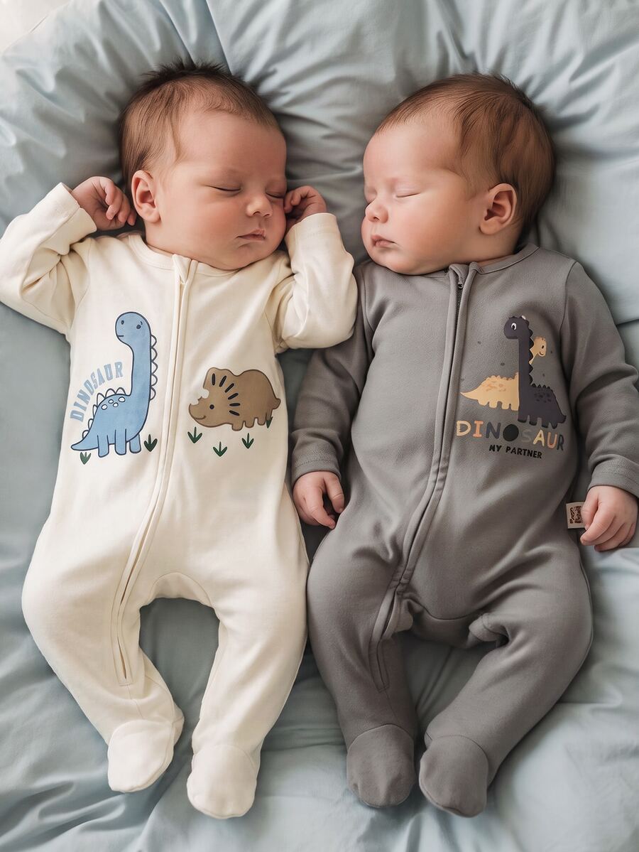 SHEIN Newborn Baby Dinosaur Print Zipper Long Sleeve Jumpsuit - Beige - View 1