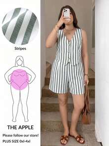 SHEIN LUNE Setelan 2 Potong Modis Atasan Tank Top Bergaris Kancing dan Celana Pendek Saku Ukuran Plus - Hijau - View 3