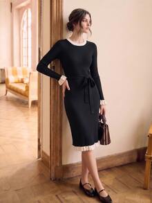 SHEIN LUNE Elegant Women Fall Winter Black Knit Midi Dress, Color Block Spliced Lace Trim Crew Neck Long Sleeve Slim Fit Dress, Party Dating Casual Outfit - Black - View 9