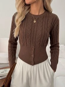 SHEIN Sweater Pullover Rajut Kabel Leher Bulat Bergaya Vintage yang Memperindah Bentuk Pinggang - Coffee Brown - View 6