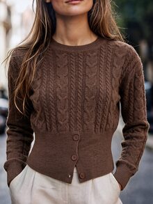 SHEIN Sweater Pullover Rajut Kabel Leher Bulat Bergaya Vintage yang Memperindah Bentuk Pinggang - Coffee Brown - View 8