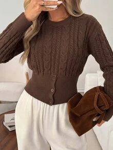 SHEIN Sweater Pullover Rajut Kabel Leher Bulat Bergaya Vintage yang Memperindah Bentuk Pinggang - Coffee Brown - View 2
