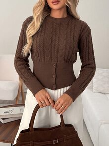 SHEIN Sweater Pullover Rajut Kabel Leher Bulat Bergaya Vintage yang Memperindah Bentuk Pinggang - Coffee Brown - View 5
