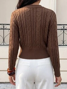 SHEIN Sweater Pullover Rajut Kabel Leher Bulat Bergaya Vintage yang Memperindah Bentuk Pinggang - Coffee Brown - View 4