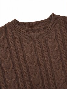 SHEIN Sweater Pullover Rajut Kabel Leher Bulat Bergaya Vintage yang Memperindah Bentuk Pinggang - Coffee Brown - View 7