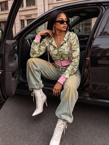 BamGleam Women's Casual Sports Camouflage Print Long Sleeve Sweatshirt, Autumn/Winter - Army Green - View 6