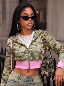 BamGleam Women's Casual Sports Camouflage Print Long Sleeve Sweatshirt, Autumn/Winter - Army Green - View 5
