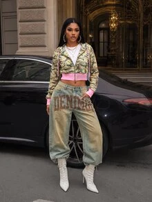 BamGleam Women's Casual Sports Camouflage Print Long Sleeve Sweatshirt, Autumn/Winter - Army Green - View 4
