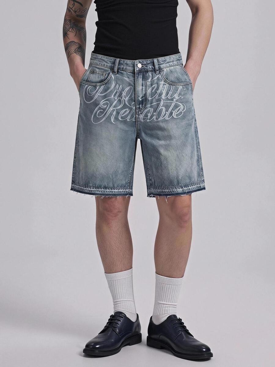 NORVETH Men's Washed Denim Shorts With Embroidery, Fashionable