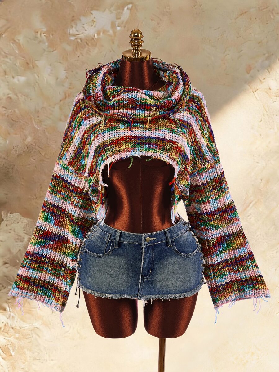 Amplova Atasan Crop Top Rajut Wanita Model Kerah Tinggi dan Leher Model Cowl dengan Motif Pelangi Asimetris - MultiWarna - View 1