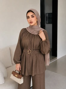 Solavon Plus size långärmad skjorta med metallspänne och rynkdetaljer, mångsidig - Kaffebrun - Visa 4