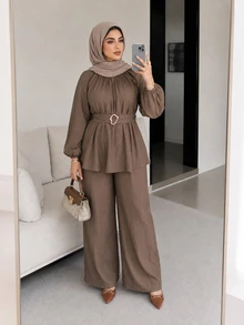 Solavon Plus size långärmad skjorta med metallspänne och rynkdetaljer, mångsidig - Kaffebrun - Visa 3