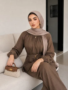 Solavon Plus size långärmad skjorta med metallspänne och rynkdetaljer, mångsidig - Kaffebrun - Visa 5