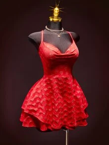 SHEIN ICON 女士性感时尚心形提花垂褶领吊带迷你连衣裙 - 紅色 - 查看 4