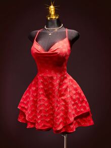 SHEIN ICON 女士性感时尚心形提花垂褶领吊带迷你连衣裙 - 紅色 - 查看 3