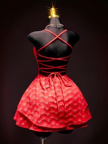 SHEIN ICON 女士性感时尚心形提花垂褶领吊带迷你连衣裙 - 紅色 - 查看 2