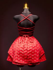 SHEIN ICON 女士性感时尚心形提花垂褶领吊带迷你连衣裙 - 紅色 - 查看 8