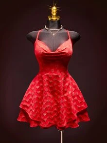 SHEIN ICON 女士性感时尚心形提花垂褶领吊带迷你连衣裙 - 紅色 - 查看 5