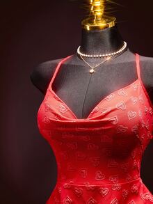 SHEIN ICON 女士性感时尚心形提花垂褶领吊带迷你连衣裙 - 紅色 - 查看 7
