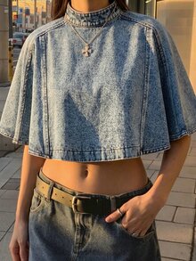 Anewsta Women's Light Blue Washed Denim Short Sleeve Cape Blouse Elegant Casual Streetwear For Festival Halloween Going Out - Blue - View 6