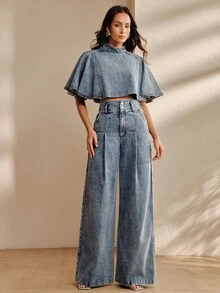 Anewsta Women's Light Blue Washed Denim Short Sleeve Cape Blouse Elegant Casual Streetwear For Festival Halloween Going Out - Blue - View 4