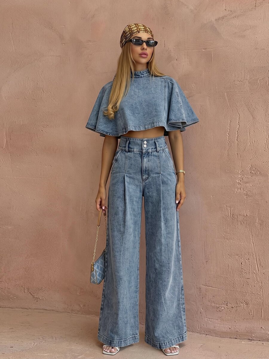 Anewsta Women's Light Blue Washed Denim Short Sleeve Cape Blouse Elegant Casual Streetwear For Festival Halloween Going Out - Blue - View 1